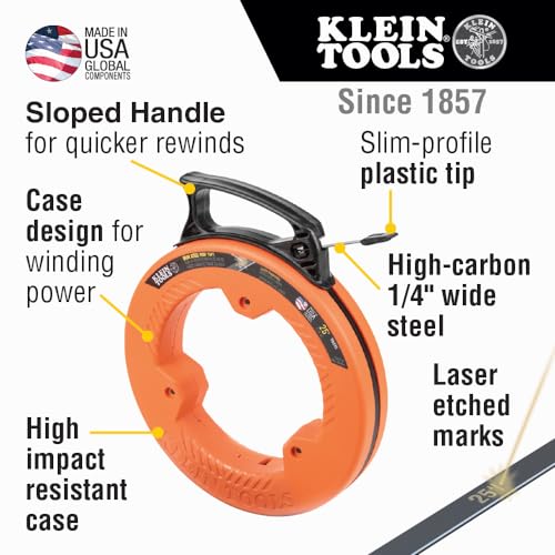 Klein Tools 25-Foot Steel Fish Tape for Electrical Wiring, 1/4-Inch Wide