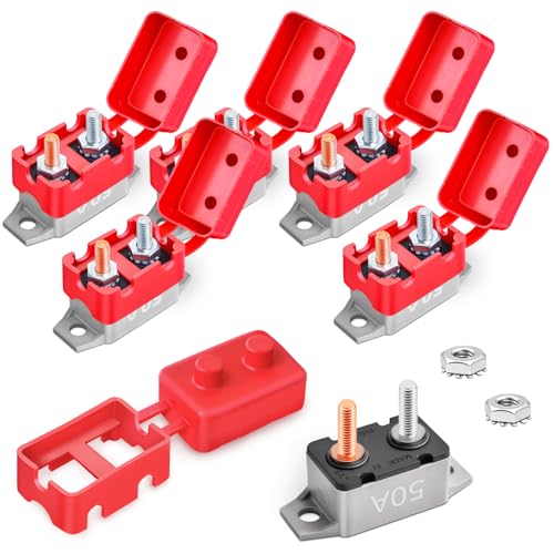 Bolipoeq 50A Automatic Reset Circuit Breaker 12V-24V DC with Red Cover for Automotive Marine Boat RV (Pack of 6)