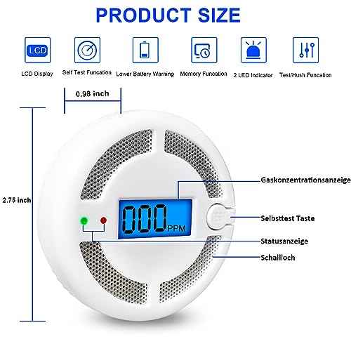 Carbon Monoxide Detectors with LED Digital Display, Portable Carbon Monoxide Alarms for Home, CO Alarm with UL2034, Replaceable Batteries (Batteries NOT Included),1 Pack