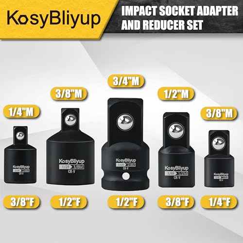 5 Piece Impact Socket Adapter Set,Standard SAE,1/4" 3/8" 1/2"Square Adapter and Reducer Conversion Set For Impact Driver Conversions,CR-V Steel
