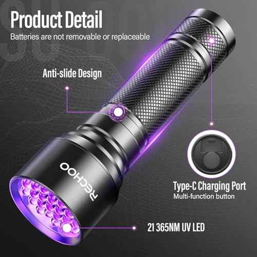 RECHOO UV Flashlight Black Light, 21 LED 395nm Ultraviolet Rechargeable Flashlights UV Light, Waterproof Portable BlackLight Flashlights for Pet Urine Detection, Dry Stains, Bed Bug, Fluorescent Agent