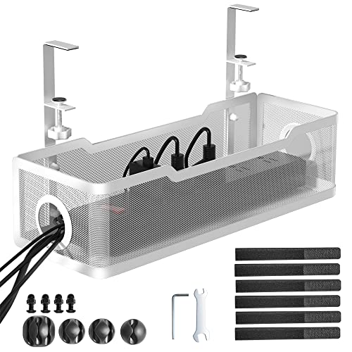 Cinati White Under Desk Cable Management Tray 13.4" Metal Cord Organizer - No Drilling, 1 Pack