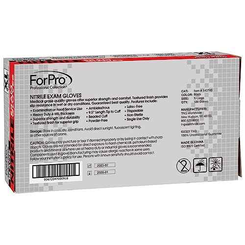 ForPro Disposable Nitrile Exam Gloves, Medical Grade, 4 Mil Extra Protection, Powder-Free, Latex-Free, Non-Sterile, Food Safe, Black, X-Large, 100-Count