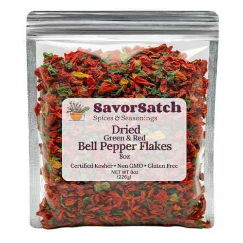 SavorSatch Dried Red & Green Bell Pepper Flakes ? 8oz Resealable Pouch | Dehydrated, Certified Kosher, Non-GMO | Perfect for Cooking, Soups, Stews, Camping, Emergency Food Supply