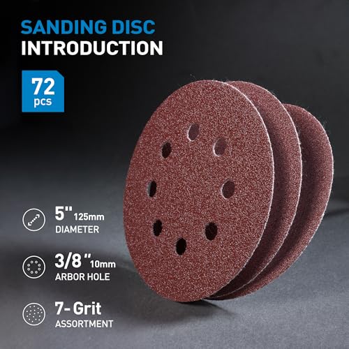 72 Assorted Grit 5 Inch Hook and Loop Sanding Discs for Orbital Sanders - 40/60/80/120/180/240/320 Grits