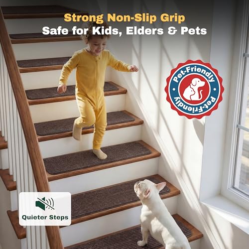 MBIGM Brown Stripe Carpet Stair Treads - 15 Pack, 8x30 Inches, Non-Slip Safety Step Covers