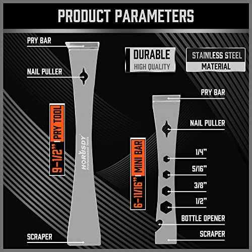 HORUSDY 2-Piece Pry Bar Scraper Set, Stainless Steel Flat Pry Bars with Hex Screwdriver Function, 6-11/16¡± & 9-1/2¡± Multi-Purpose Nail Puller, Trim, Demolition & Repair Tools