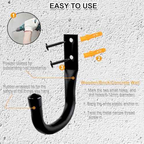REMIAWY Garage Hooks Heavy Duty, Steel Utility Garage Storage Hook 6 Pack, Wall Mount Double Tool Hangers with Anti-Slip Coating for Hanging and Organizing Ladder Bike, Garden Tools, Bulk Items