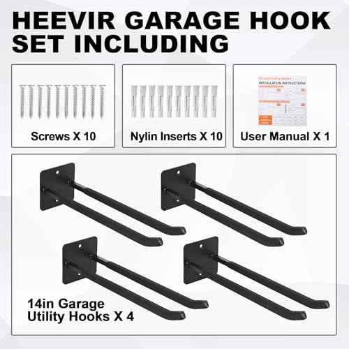 14 Inches Extra Large Garage Hooks, 4Pcs Heavy Duty Garage Wall Mount Organizer, Tool Hanger Long Utility Storage Hooks for Hanging Tire, Chair, Ladder, Garden Tools, Strollers and More
