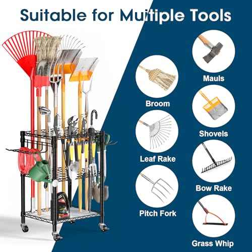 T1 Garden Tool Organizer£¨With Lockable Wheels£©Heavy Duty Garage Tool Storage for Yard£¬Shed£¬Outdoor and Lawn£¬Freestanding Tool Organizers and Storage UP to 50 Tools£¬Black with Anti-Tip Device