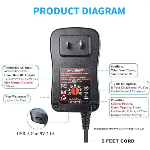 SoulBay 12V Adjustable Power Supply Adapter Charger - 1 Count