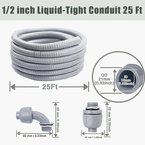 Feotech 1/2 Inch 25 Ft Liquid-Tight Conduit Kit with Fittings for Outdoor Electrical Wiring
