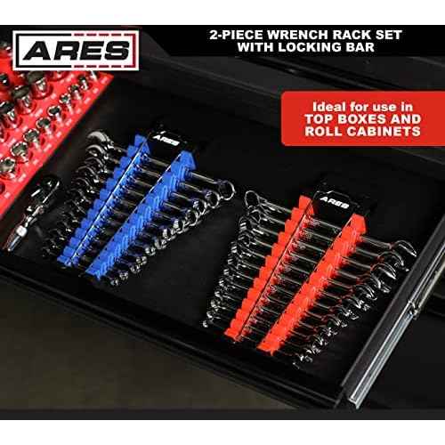 ARES 62043-2-Piece Wrench Rack Set with Locking Bar - SAE Rack Holds 1/4-Inch to 1-Inch Sizes - Metric Holds 6 to 25mm Sizes - Locking Metal Clip Secures Wrenches