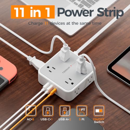 TESSAN 11-in-1 Surge Protector Power Strip with 900J Protection, 5ft Flat Cord, Grey & USB-C