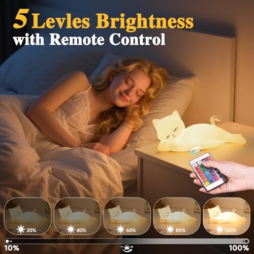 Mubarek Lying Cat Night Light - 16 Colors, 5 Dimming Touch & Remote, Rechargeable Silicone Cat Lamp, Cute Funny Gift for Kids & Adults