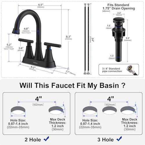 Bathroom Faucets for Sink 3 Hole, Hurran 4 inch Matte Black with Pop-up Drain and 2 Supply Hoses, Stainless Steel Lead-Free 2-Handle Centerset Faucet for Sink Vanity