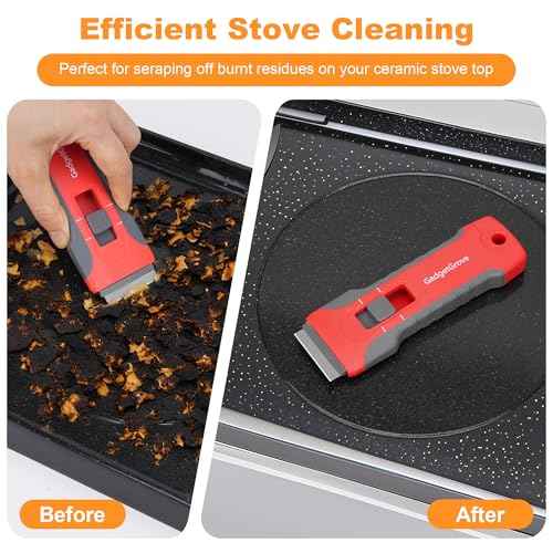 Razor Blade Scraper with 10pcs Blades and 3Pcs wire brushes,Scraper Tool for Cleaning Glass Window, Cooktop, Oven, Stove Scraper, Scraper with Buit-In Blade Storage, Upgraded Lock Mechanism,Gray