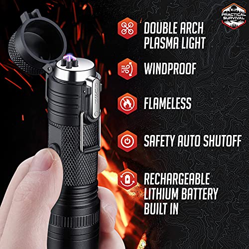 LED Emergency Tactical Flashlight Plasma Lighter Combo, 2-Pack, Water Resistant, Wind Resistant, Rechargeable, Compact, 2-in-1 Tool, Tactical Black