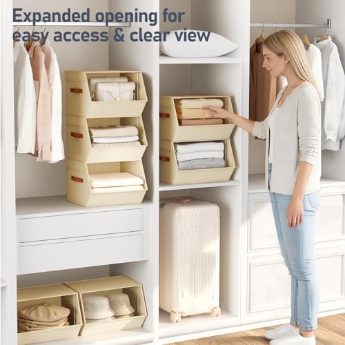DIMJ Beige Stackable Closet Organizers 11.4 x 12.6 x 9.8 Inches, 4 Pack