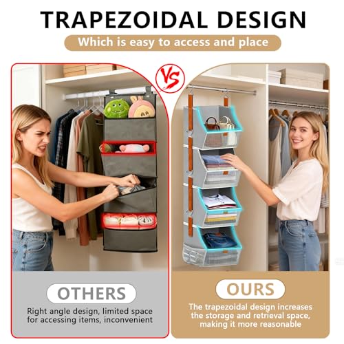 Grey 4-Tier Fabric Hanging Closet Organizer with See-Through Front & Side Pockets - Space-Saving Wardrobe Storage