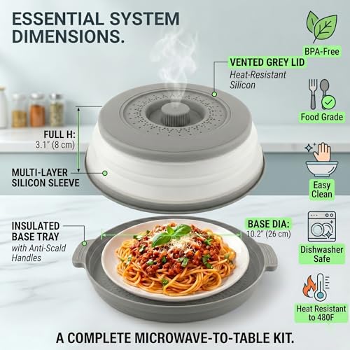Microwave Splatter Cover with Anti-Scald Base Plate, 10.7" Collapsible Lids & Base