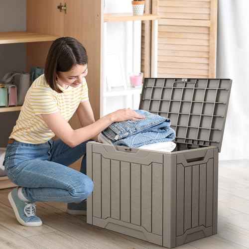 YITAHOME 31 Gallon Outdoor Storage Deck Box, Waterproof Resin Package Delivery and Storage Box with Lockable Lid for Patio Furniture Cushions, Pool Accessories, Garden Tools, Taupe