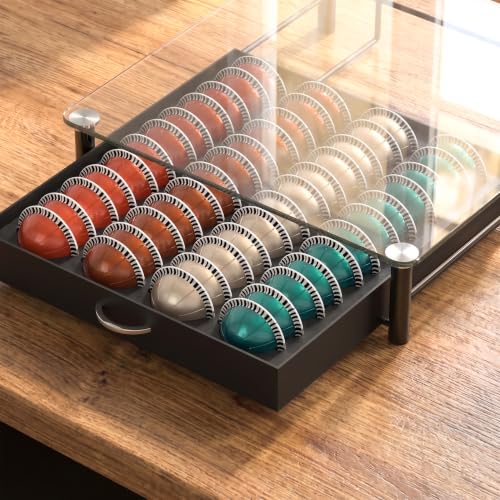 Deco Brothers 24 Large / 48 Small Vertuo Pod Holder - Tempered Glass Sliding Drawer, Black (48 pcs)
