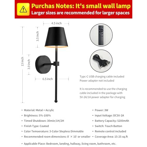 KDG Wireless Wall Sconces Set of 2, Small Cordless 5200mAh Rechargeable Battery LED Wall Lamps, Stepless Dimming Lightings for Wall Painting, Living Room, Bedroom, Hallway, Gifts, Night Light (Black)