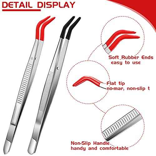 Honoson 2 Pieces Tweezers Curved Bent Tip Tweezers with Rubber Silicone Tips PVC Coated Non Marring Soft Long Rubber Stainless Steel Tools for Jewelry Crafts(Red, Black)