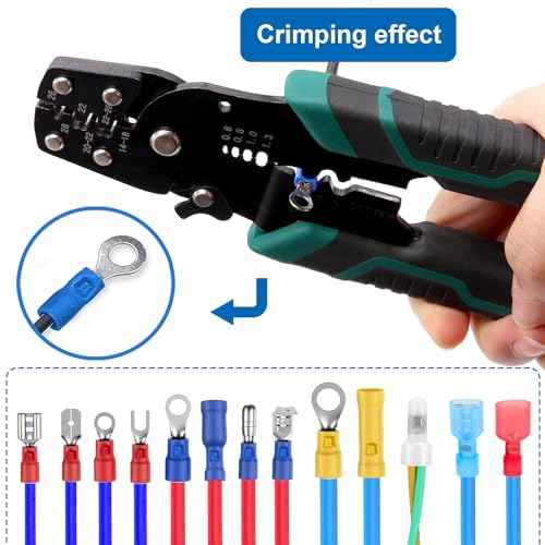 smseace Green Wire Crimping tool Wire crimper,stripper and cutterfor insulated/Bare/Heat Shrink connectors(22-10 AWG) Multifunctional stripping crimping pliers Wire stripper and crimping tool