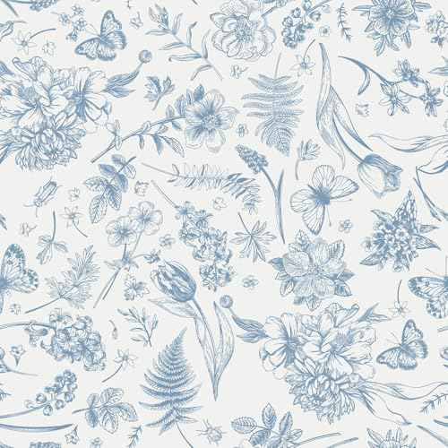 Heroad Peel and Stick Wallpaper Blue Floral Wallpaper Butterfly Contact Paper for Cabinets Bedroom Vintage Fern Leaves Tulip Removable Wall Paper Waterproof Self-Adhesive Decor Vinyl 17.3" x 78.7"