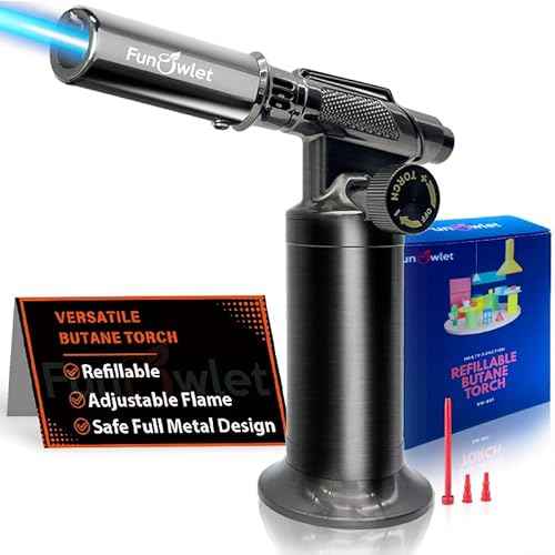 FunOwlet Refillable Butane Torch Lighter, Premium Metal Soldering Blow Torches with Adjustable Precision Flame for Kitchen Culinary Cooking, Creme Brulee, Industrial Welding DIY - Gas Not Included