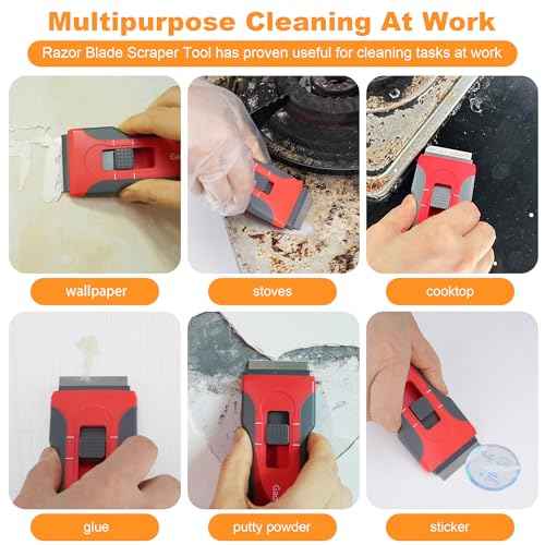 Razor Blade Scraper with 10pcs Blades and 3Pcs wire brushes,Scraper Tool for Cleaning Glass Window, Cooktop, Oven, Stove Scraper, Scraper with Buit-In Blade Storage, Upgraded Lock Mechanism,Gray