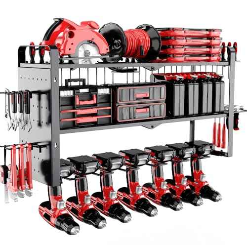 Mens Gifts Power Tool Organizer Wall Mount With Pegboard - 7 Drill Holder - Garage Organization Storage Rack For Cordless Tool - Heavy Duty Metal Tool Shelf