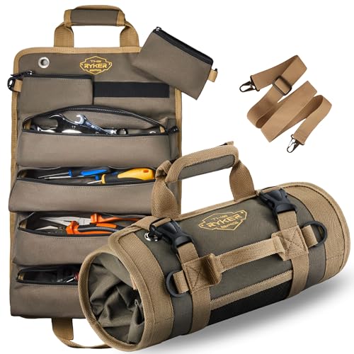 The Ryker Heavy Duty Khaki Classic Tool Roll Up Organizer with Detachable Pouches