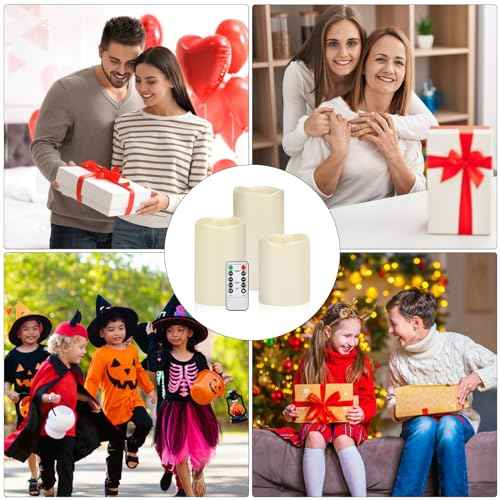 Flameless Candles 4" 5" 6" Set of 3 Ivory Outdoor Indoor Pillars 3" Diameter Battery Operated Flickering Candles Include 10-Key Remote Timer Function 400+ Hours Requires 2 AA Batteries