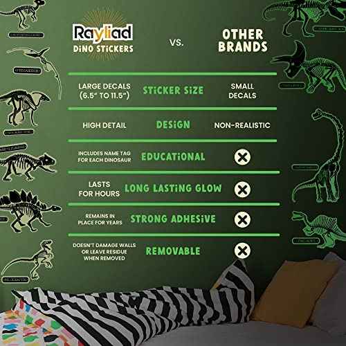 Glow in The Dark Dinosaur Fossil Wall Stickers - 10 Large Bright Wall Decals for Bedroom Walls and Ceilings - Glowing Decorations for Boys Room and Girls Room