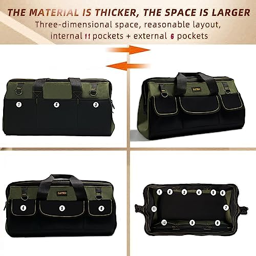 FASTECH 22-inch Wide Mouth Tool Bag with Water Proof Molded Base, Wide Mouth Tool Tote Bag, Waterproof Tool Organizer Bag for Men with Adjustable Shoulder Strap(No Bottom Shell)
