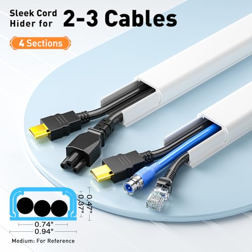 Delamu White Cable Management Raceways 56.7in L x 0.94in W x 0.47in H Wall Cord Hider