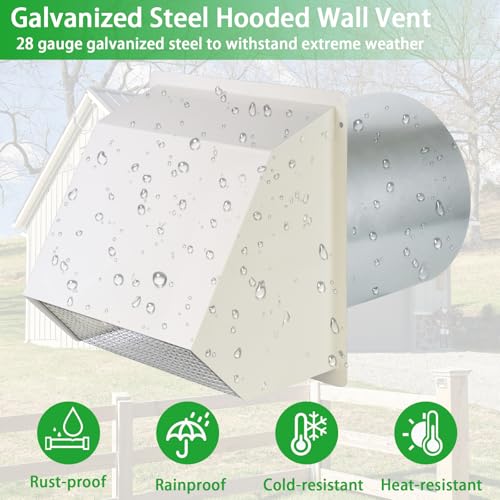 4 Inch White Hooded Exterior Dryer Vent Cover with Screen & Damper (Galvanized Steel) – Wall Mount