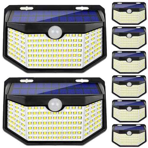 HMCITY 120 LED Outdoor Solar Lights with Motion Sensor and 3 Lighting Modes, IP65 Waterproof Wide Solar Wall Lights Ideal for Garden Patio Yard (Front Button 8Packs, Daylight White)