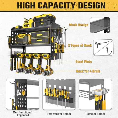 SPACECARE Power Tool Organizer, Drill Holder Wall Mount with 2 Side Pegboards with Hooks, 3 Layer Garage Organization Heavy Duty Tool Organizers Utility Rack for 4 Drill Holders Black