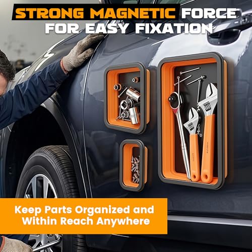 Mulwark 4Pcs Collapsible Magnetic Tray with 15lb Magnetic Pickup Tool – 3 Sizes, Silicone Parts Organizer