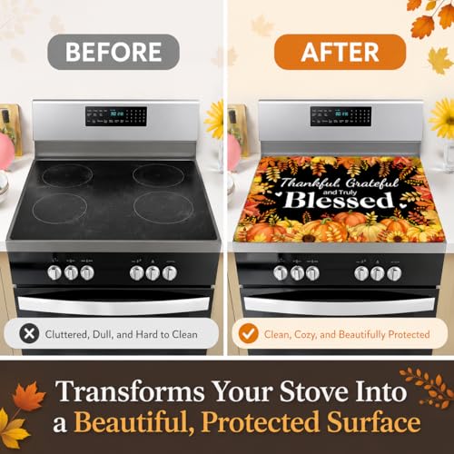 Thankful Grateful And Truly Blessed Stove Top Cover 28x20 Inch | Fall Heat-Resistant Glass & Silicone Protector