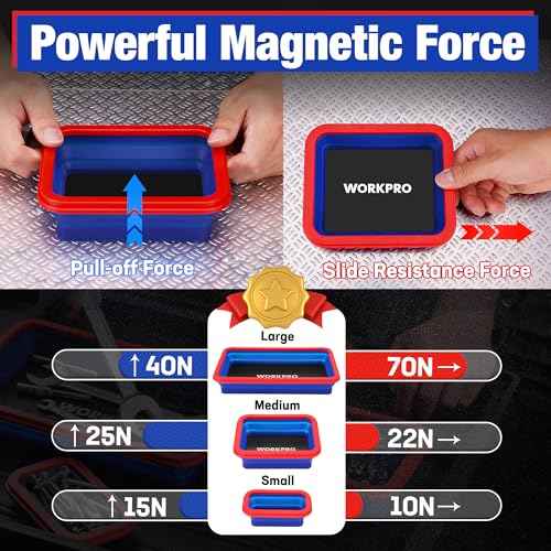 WORKPRO 4PC Collapsible Magnetic Parts Tray Set, Double-Sided Magnet Bowl for Screws, Nuts, Pins, Foldable Bolt Tray for Garage, Maintenance, Silicone Mechanic Tools Gift for Man, 11 Inch & 6.3 Inch