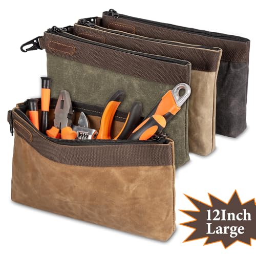 Waxed Canvas Tool Pouches 4 Pack ? 13-Inch Heavy-Duty Zipper Tool Bags Set, Waterproof Utility Storage Pouches for Tools, Cables, Gear & Supplies ? Rugged Tool Organizer Bags