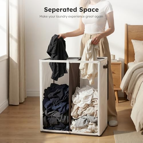 SOLEDI 145L Off-White Luxury Double Laundry Hamper with Lid & Removable Bags, 2-Compartment Collapsible Basket