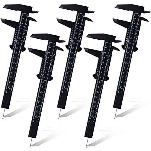 Flutesan 6 Inch/ 150 mm Mini Plastic Vernier Caliper Double Scale Measuring Tool Rectangular Vernier Caliper Read Sliding Gauge Ruler for Eyebrow Stencil Makeup Student School Office Home, 5 Pieces