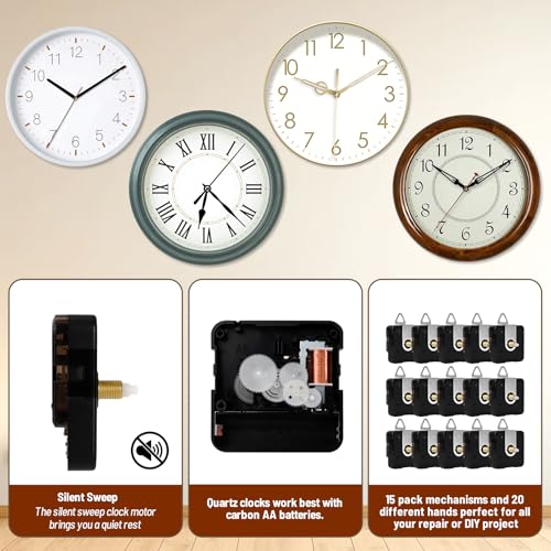JINIOHEE 15 Pack Quartz Clock Mechanism Replacement Kit with 20 Hands, 9mm Thread Length