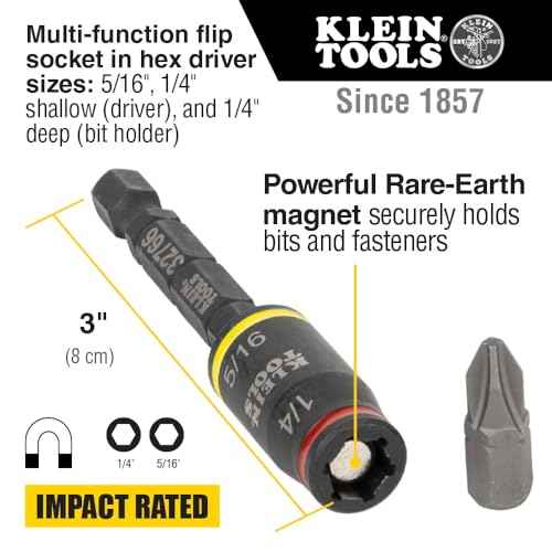 Klein Tools 32766 Impact Driver, 3-in-1 SAE Impact Socket and Bit Holder, Flip Socket with 1/4-Inch and 5/16-Inch Hex Drivers, 3-Inch Length